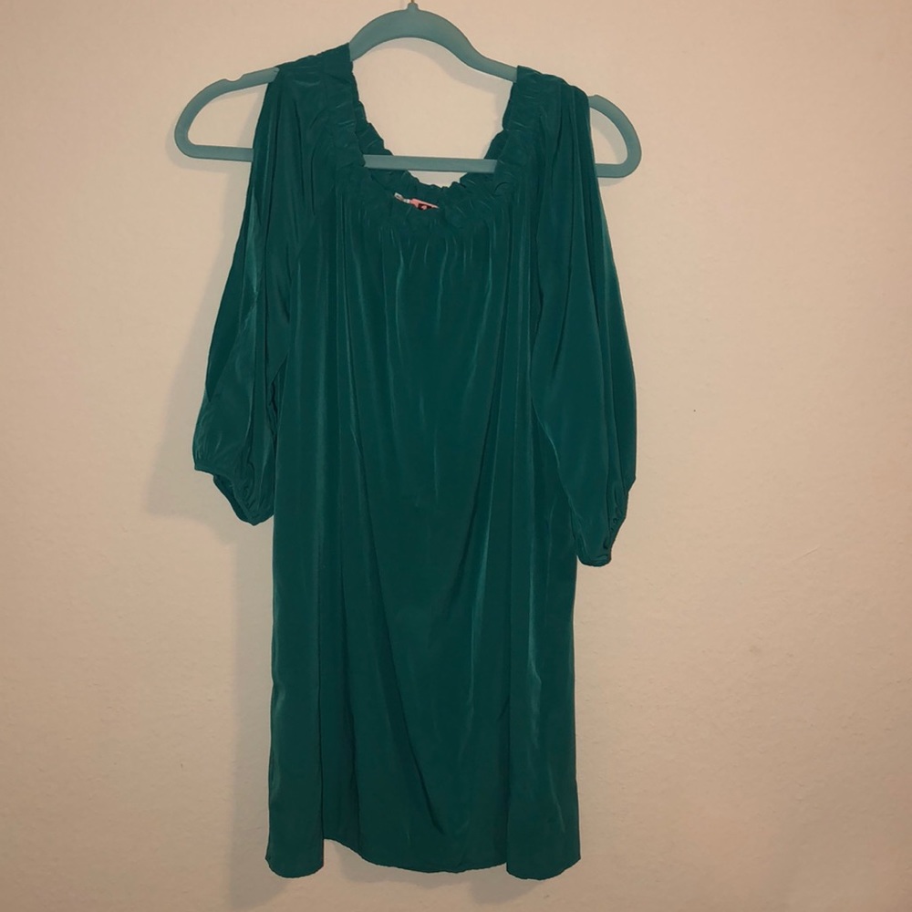 Open shoulder teal green silk dress